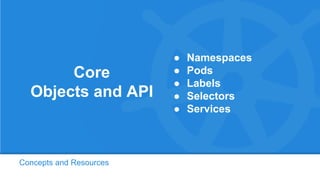 Concepts and Resources
Core
Objects and API
● Namespaces
● Pods
● Labels
● Selectors
● Services
 