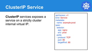 ClusterIP Service
ClusterIP services exposes a
service on a strictly cluster
internal virtual IP.
apiVersion: v1
kind: Service
metadata:
name: example-prod
spec:
selector:
app: nginx
env: prod
ports:
- protocol: TCP
port: 80
targetPort: 80
 