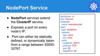 NodePort Service
● NodePort services extend
the ClusterIP service.
● Exposes a port on every
node’s IP.
● Port can either be statically
defined, or dynamically taken
from a range between 30000-
32767.
apiVersion: v1
kind: Service
metadata:
name: example-prod
spec:
type: NodePort
selector:
app: nginx
env: prod
ports:
- nodePort: 32410
protocol: TCP
port: 80
targetPort: 80
 