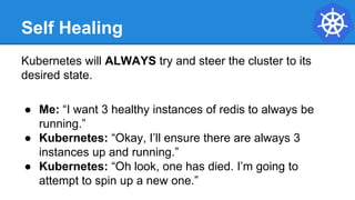 Self Healing
Kubernetes will ALWAYS try and steer the cluster to its
desired state.
● Me: “I want 3 healthy instances of redis to always be
running.”
● Kubernetes: “Okay, I’ll ensure there are always 3
instances up and running.”
● Kubernetes: “Oh look, one has died. I’m going to
attempt to spin up a new one.”
 