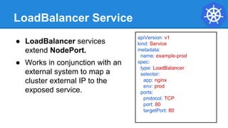 LoadBalancer Service
apiVersion: v1
kind: Service
metadata:
name: example-prod
spec:
type: LoadBalancer
selector:
app: nginx
env: prod
ports:
protocol: TCP
port: 80
targetPort: 80
● LoadBalancer services
extend NodePort.
● Works in conjunction with an
external system to map a
cluster external IP to the
exposed service.
 