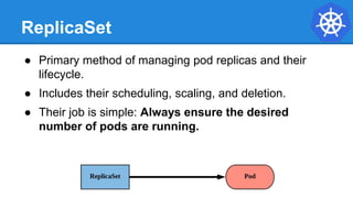 ReplicaSet
● Primary method of managing pod replicas and their
lifecycle.
● Includes their scheduling, scaling, and deletion.
● Their job is simple: Always ensure the desired
number of pods are running.
 