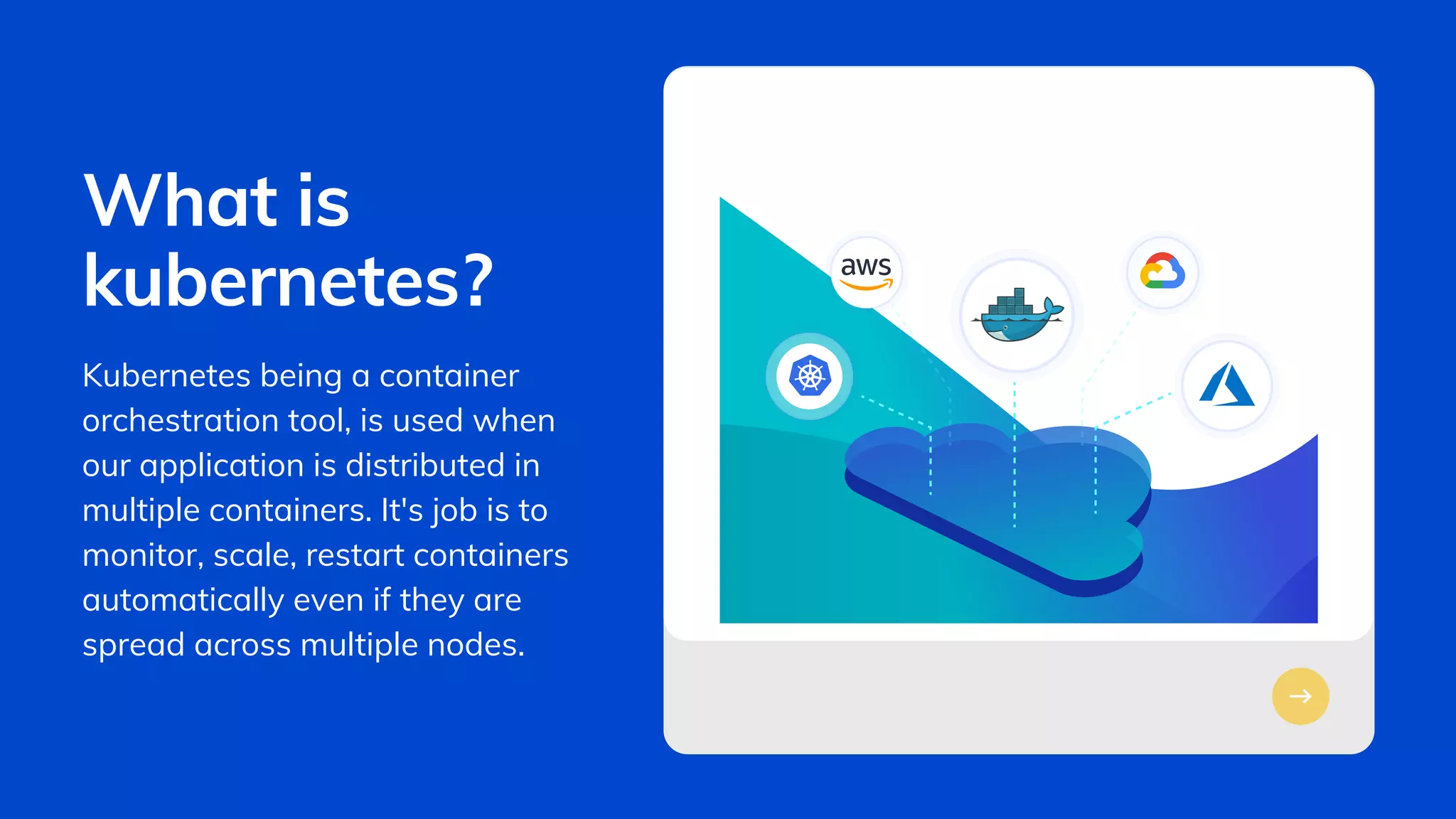 Kubernetes being a container
orchestration tool, is used when
our application is distributed in
multiple containers. It's job is to
monitor, scale, restart containers
automatically even if they are
spread across multiple nodes.
What is
kubernetes?
 