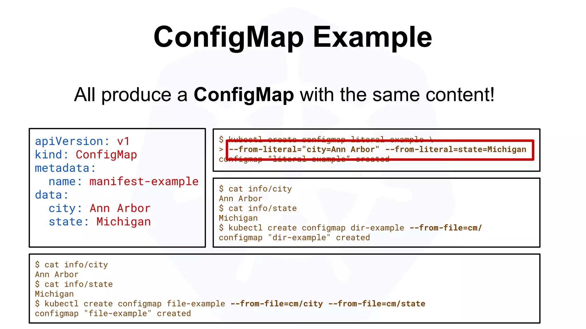 ConfigMap Example
apiVersion: v1
kind: ConfigMap
metadata:
name: manifest-example
data:
city: Ann Arbor
state: Michigan
$ kubectl create configmap literal-example 
> --from-literal="city=Ann Arbor" --from-literal=state=Michigan
configmap “literal-example” created
$ cat info/city
Ann Arbor
$ cat info/state
Michigan
$ kubectl create configmap file-example --from-file=cm/city --from-file=cm/state
configmap "file-example" created
All produce a ConfigMap with the same content!
$ cat info/city
Ann Arbor
$ cat info/state
Michigan
$ kubectl create configmap dir-example --from-file=cm/
configmap "dir-example" created
 