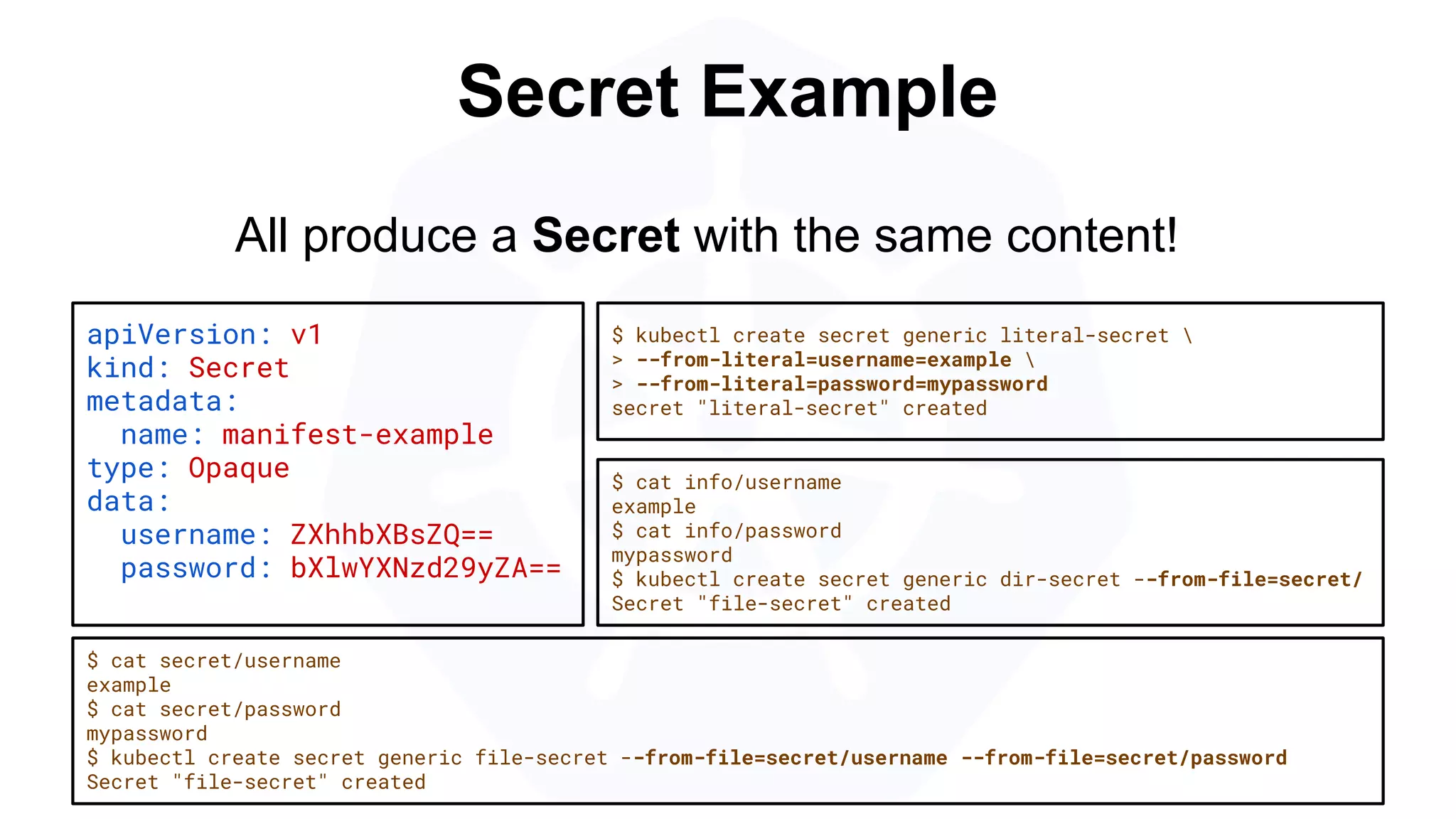 Secret Example
apiVersion: v1
kind: Secret
metadata:
name: manifest-example
type: Opaque
data:
username: ZXhhbXBsZQ==
password: bXlwYXNzd29yZA==
$ kubectl create secret generic literal-secret 
> --from-literal=username=example 
> --from-literal=password=mypassword
secret "literal-secret" created
$ cat secret/username
example
$ cat secret/password
mypassword
$ kubectl create secret generic file-secret --from-file=secret/username --from-file=secret/password
Secret "file-secret" created
All produce a Secret with the same content!
$ cat info/username
example
$ cat info/password
mypassword
$ kubectl create secret generic dir-secret --from-file=secret/
Secret "file-secret" created
 