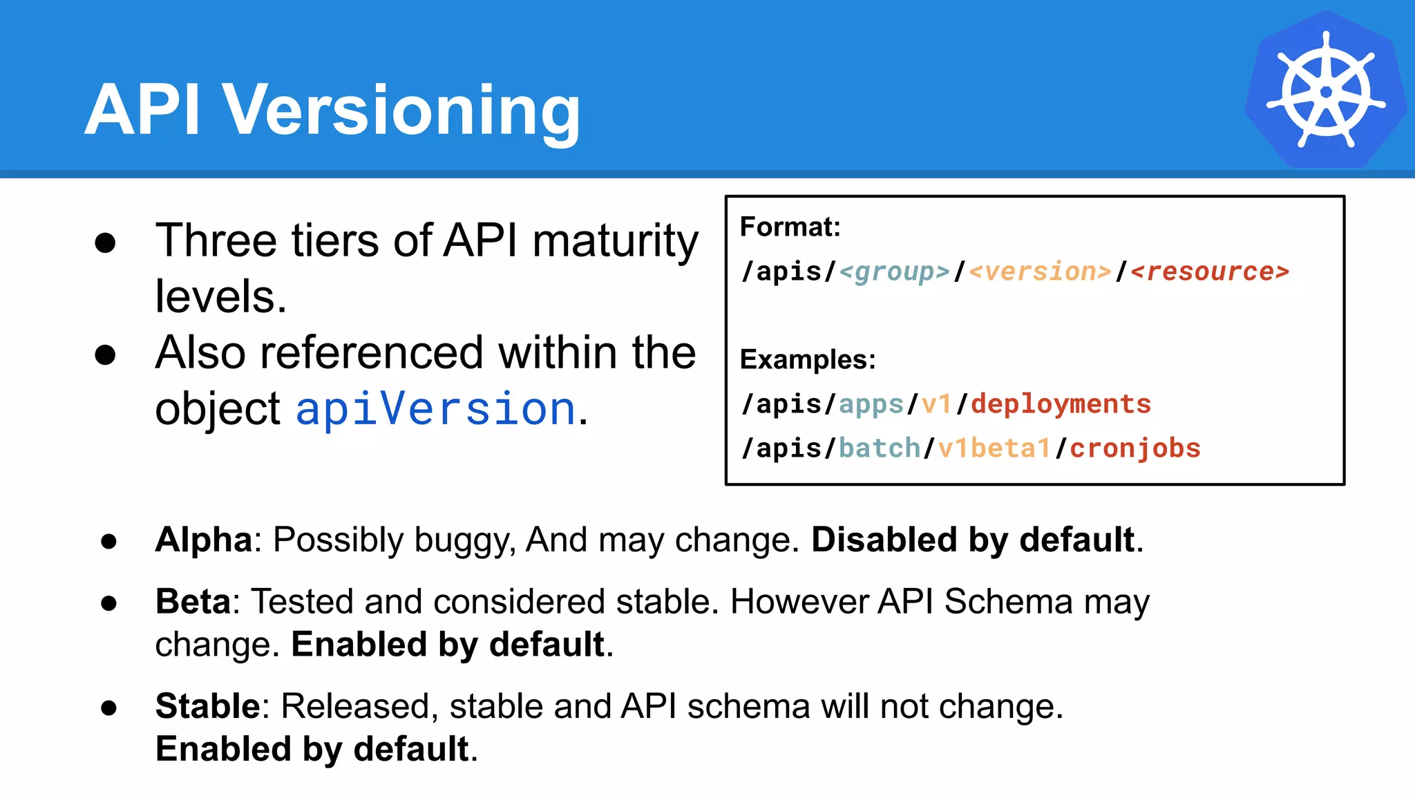 API Versioning
● Three tiers of API maturity
levels.
● Also referenced within the
object apiVersion.
● Alpha: Possibly buggy, And may change. Disabled by default.
● Beta: Tested and considered stable. However API Schema may
change. Enabled by default.
● Stable: Released, stable and API schema will not change.
Enabled by default.
Format:
/apis/<group>/<version>/<resource>
Examples:
/apis/apps/v1/deployments
/apis/batch/v1beta1/cronjobs
 