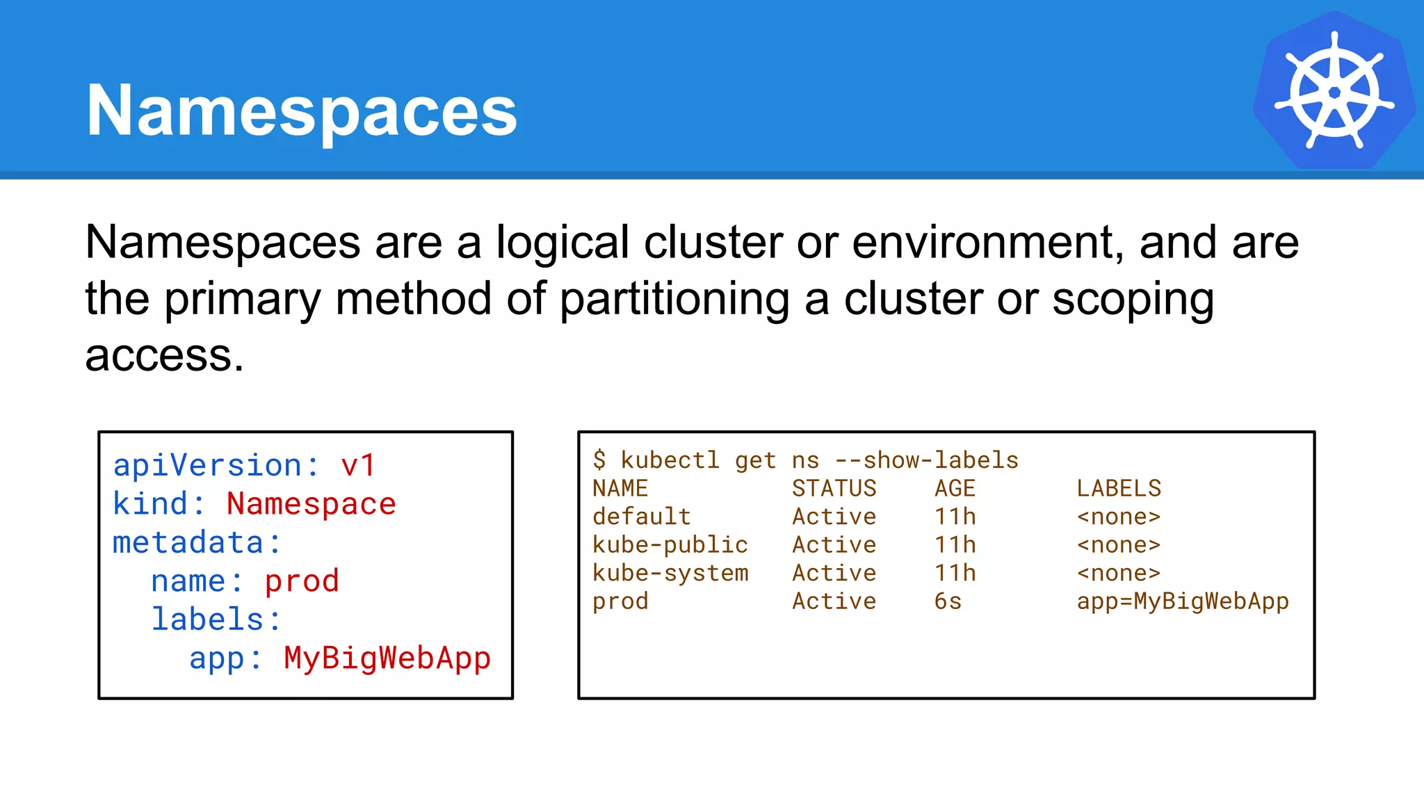 Namespaces
Namespaces are a logical cluster or environment, and are
the primary method of partitioning a cluster or scoping
access.
apiVersion: v1
kind: Namespace
metadata:
name: prod
labels:
app: MyBigWebApp
$ kubectl get ns --show-labels
NAME STATUS AGE LABELS
default Active 11h <none>
kube-public Active 11h <none>
kube-system Active 11h <none>
prod Active 6s app=MyBigWebApp
 
