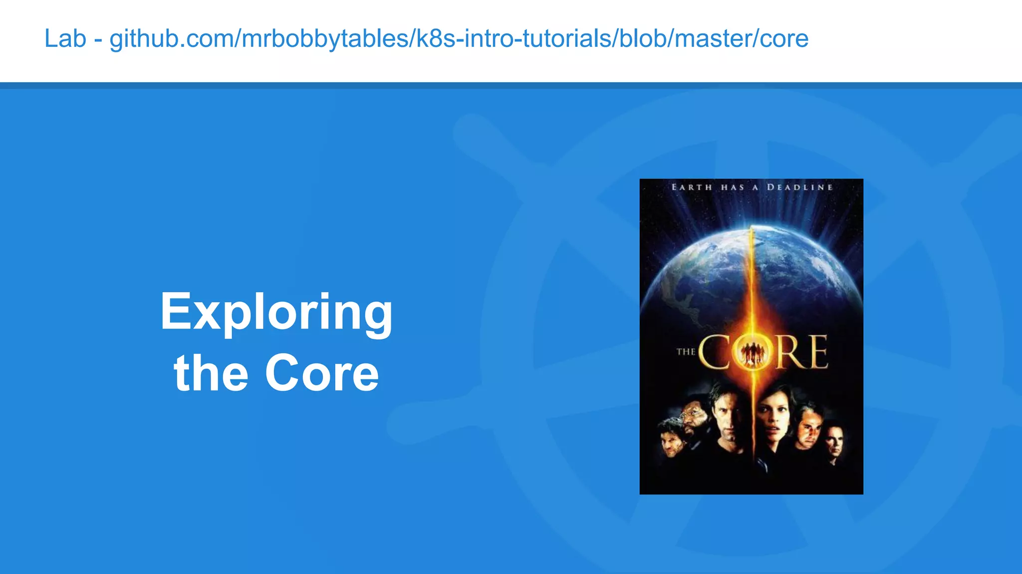 Lab - github.com/mrbobbytables/k8s-intro-tutorials/blob/master/core
Exploring
the Core
 