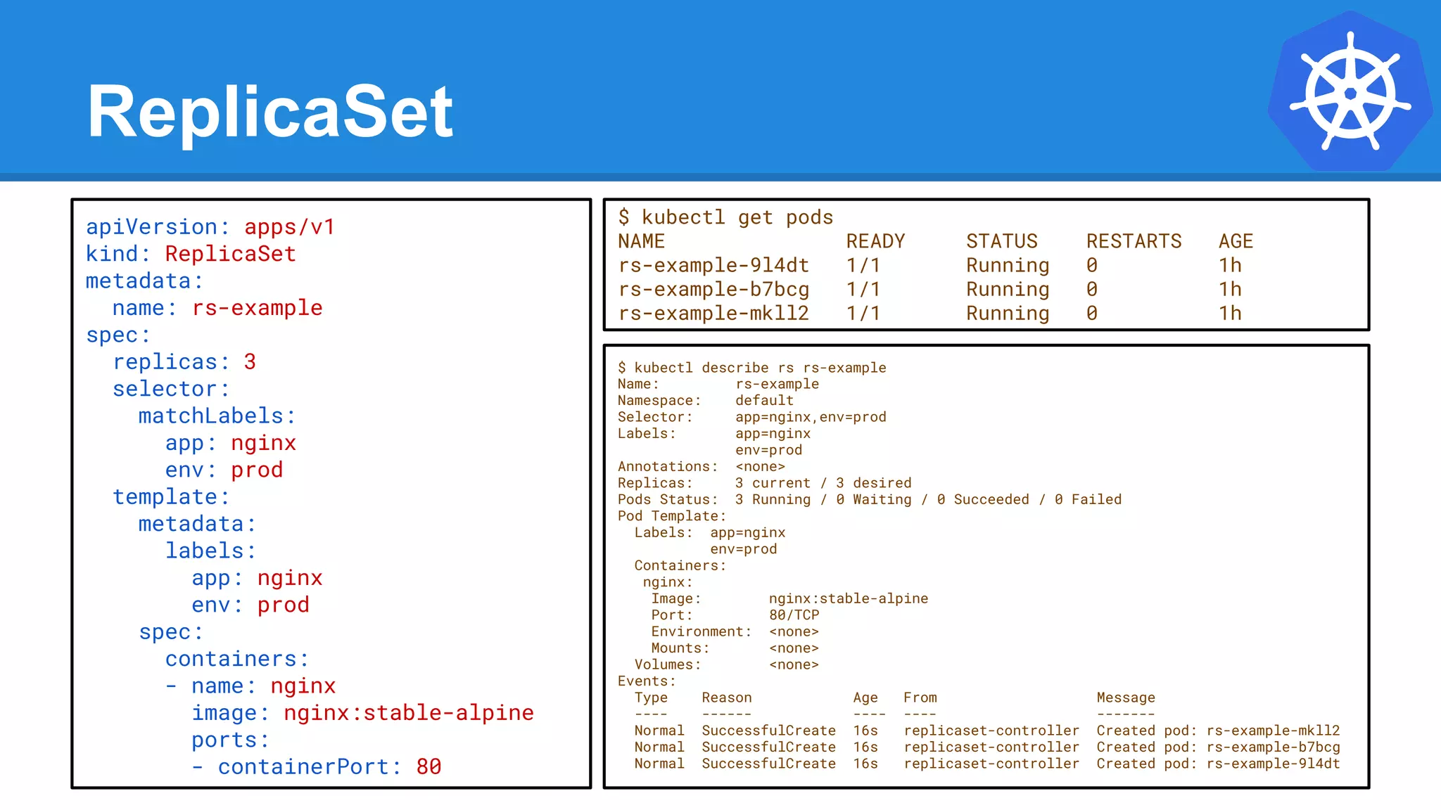 ReplicaSet
$ kubectl describe rs rs-example
Name: rs-example
Namespace: default
Selector: app=nginx,env=prod
Labels: app=nginx
env=prod
Annotations: <none>
Replicas: 3 current / 3 desired
Pods Status: 3 Running / 0 Waiting / 0 Succeeded / 0 Failed
Pod Template:
Labels: app=nginx
env=prod
Containers:
nginx:
Image: nginx:stable-alpine
Port: 80/TCP
Environment: <none>
Mounts: <none>
Volumes: <none>
Events:
Type Reason Age From Message
---- ------ ---- ---- -------
Normal SuccessfulCreate 16s replicaset-controller Created pod: rs-example-mkll2
Normal SuccessfulCreate 16s replicaset-controller Created pod: rs-example-b7bcg
Normal SuccessfulCreate 16s replicaset-controller Created pod: rs-example-9l4dt
apiVersion: apps/v1
kind: ReplicaSet
metadata:
name: rs-example
spec:
replicas: 3
selector:
matchLabels:
app: nginx
env: prod
template:
metadata:
labels:
app: nginx
env: prod
spec:
containers:
- name: nginx
image: nginx:stable-alpine
ports:
- containerPort: 80
$ kubectl get pods
NAME READY STATUS RESTARTS AGE
rs-example-9l4dt 1/1 Running 0 1h
rs-example-b7bcg 1/1 Running 0 1h
rs-example-mkll2 1/1 Running 0 1h
 