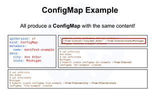 ConfigMap Example
apiVersion: v1
kind: ConfigMap
metadata:
name: manifest-example
data:
city: Ann Arbor
state: Michigan
$ kubectl create configmap literal-example 
> --from-literal="city=Ann Arbor" --from-literal=state=Michigan
configmap “literal-example” created
$ cat info/city
Ann Arbor
$ cat info/state
Michigan
$ kubectl create configmap file-example --from-file=cm/city --from-file=cm/state
configmap "file-example" created
All produce a ConfigMap with the same content!
$ cat info/city
Ann Arbor
$ cat info/state
Michigan
$ kubectl create configmap dir-example --from-file=cm/
configmap "dir-example" created
 
