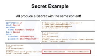 Secret Example
apiVersion: v1
kind: Secret
metadata:
name: manifest-example
type: Opaque
data:
username: ZXhhbXBsZQ==
password: bXlwYXNzd29yZA==
$ kubectl create secret generic literal-secret 
> --from-literal=username=example 
> --from-literal=password=mypassword
secret "literal-secret" created
$ cat secret/username
example
$ cat secret/password
mypassword
$ kubectl create secret generic file-secret --from-file=secret/username --from-file=secret/password
Secret "file-secret" created
All produce a Secret with the same content!
$ cat info/username
example
$ cat info/password
mypassword
$ kubectl create secret generic dir-secret --from-file=secret/
Secret "file-secret" created
 