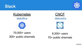 Slack
Kubernetes
slack.k8s.io
70,000+ users
300+ public channels
CNCF
slack.cncf.io
8,200+ users
70+ public channels
07/2019
 
