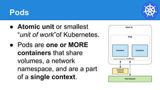 Pods
● Atomic unit or smallest
“unit of work”of Kubernetes.
● Pods are one or MORE
containers that share
volumes, a network
namespace, and are a part
of a single context.
 