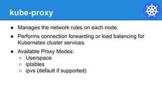 kube-proxy
● Manages the network rules on each node.
● Performs connection forwarding or load balancing for
Kubernetes cluster services.
● Available Proxy Modes:
○ Userspace
○ iptables
○ ipvs (default if supported)
 