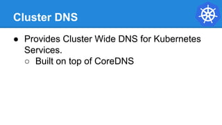 Cluster DNS
● Provides Cluster Wide DNS for Kubernetes
Services.
○ Built on top of CoreDNS
 