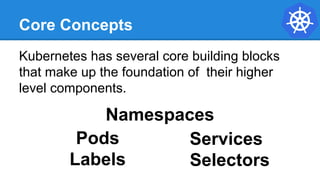 Core Concepts
Kubernetes has several core building blocks
that make up the foundation of their higher
level components.
Namespaces
Pods
Selectors
Services
Labels
 