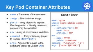 Key Pod Container Attributes
● name - The name of the container
● image - The container image
● ports - array of ports to expose.
Can be granted a friendly name and
protocol may be specified
● env - array of environment variables
● command - Entrypoint array (equiv
to Docker ENTRYPOINT)
● args - Arguments to pass to the
command (equiv to Docker CMD)
Container
name: nginx
image: nginx:stable-alpine
ports:
- containerPort: 80
name: http
protocol: TCP
env:
- name: MYVAR
value: isAwesome
command: [“/bin/sh”, “-c”]
args: [“echo ${MYVAR}”]
 