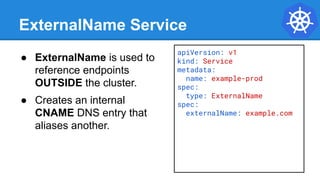 ExternalName Service
apiVersion: v1
kind: Service
metadata:
name: example-prod
spec:
type: ExternalName
spec:
externalName: example.com
● ExternalName is used to
reference endpoints
OUTSIDE the cluster.
● Creates an internal
CNAME DNS entry that
aliases another.
 