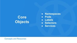 Namespaces
Namespaces are a logical cluster or environment, and are
the primary method of partitioning a cluster or scopin...