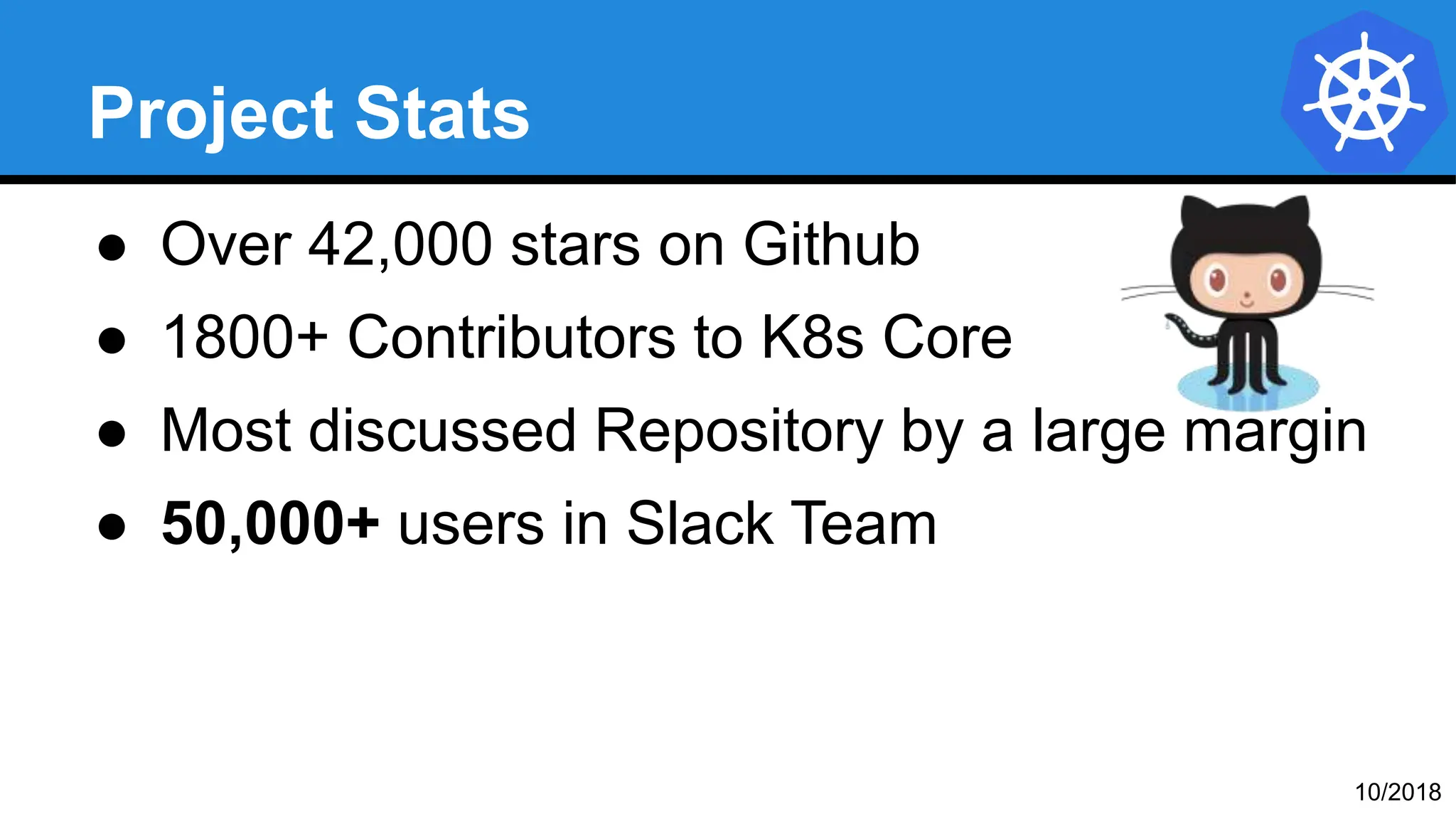 Project Stats
● Over 42,000 stars on Github
● 1800+ Contributors to K8s Core
● Most discussed Repository by a large margin
● 50,000+ users in Slack Team
10/2018
 
