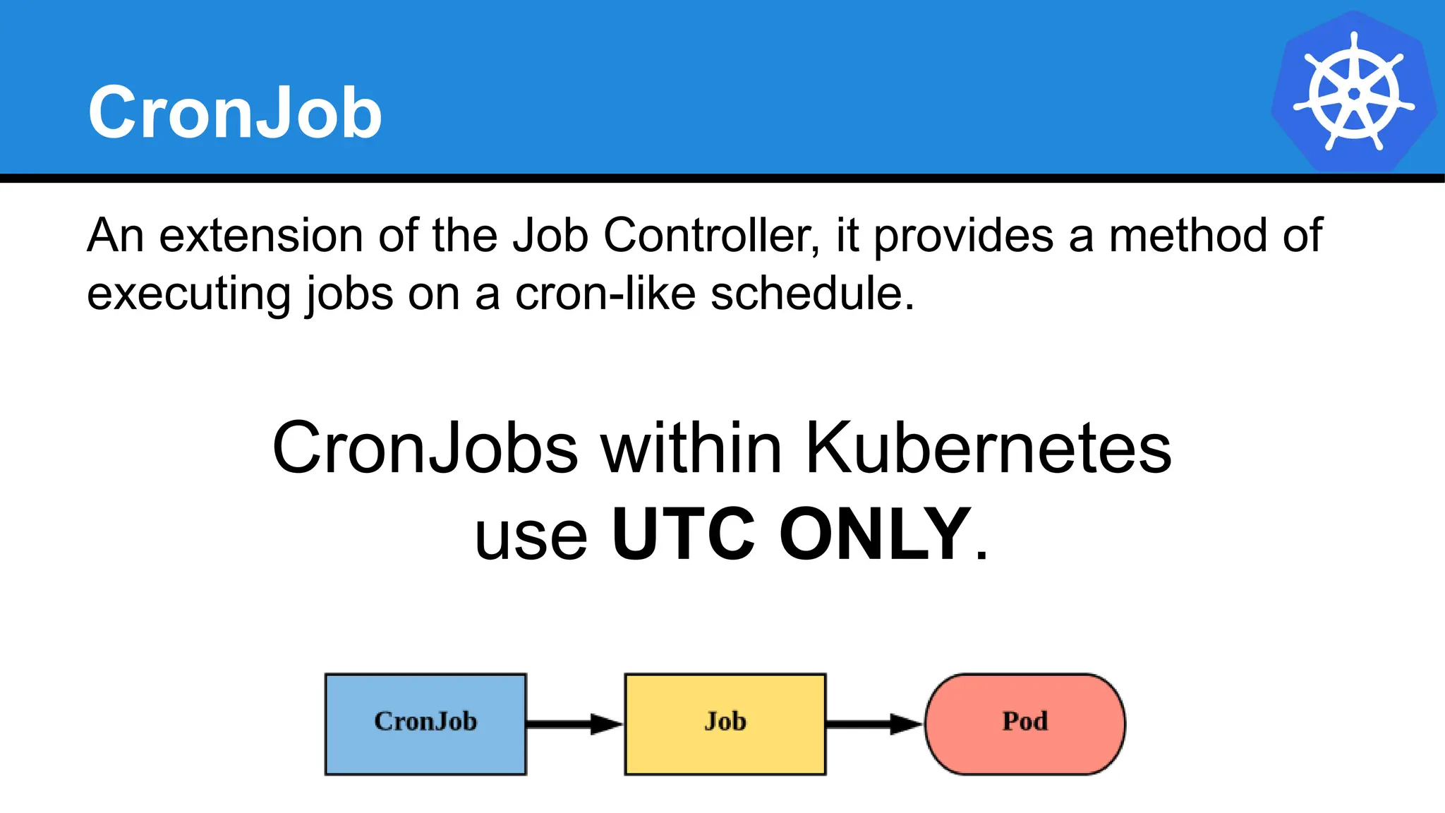 CronJob
An extension of the Job Controller, it provides a method of
executing jobs on a cron-like schedule.
CronJobs within Kubernetes
use UTC ONLY.
 