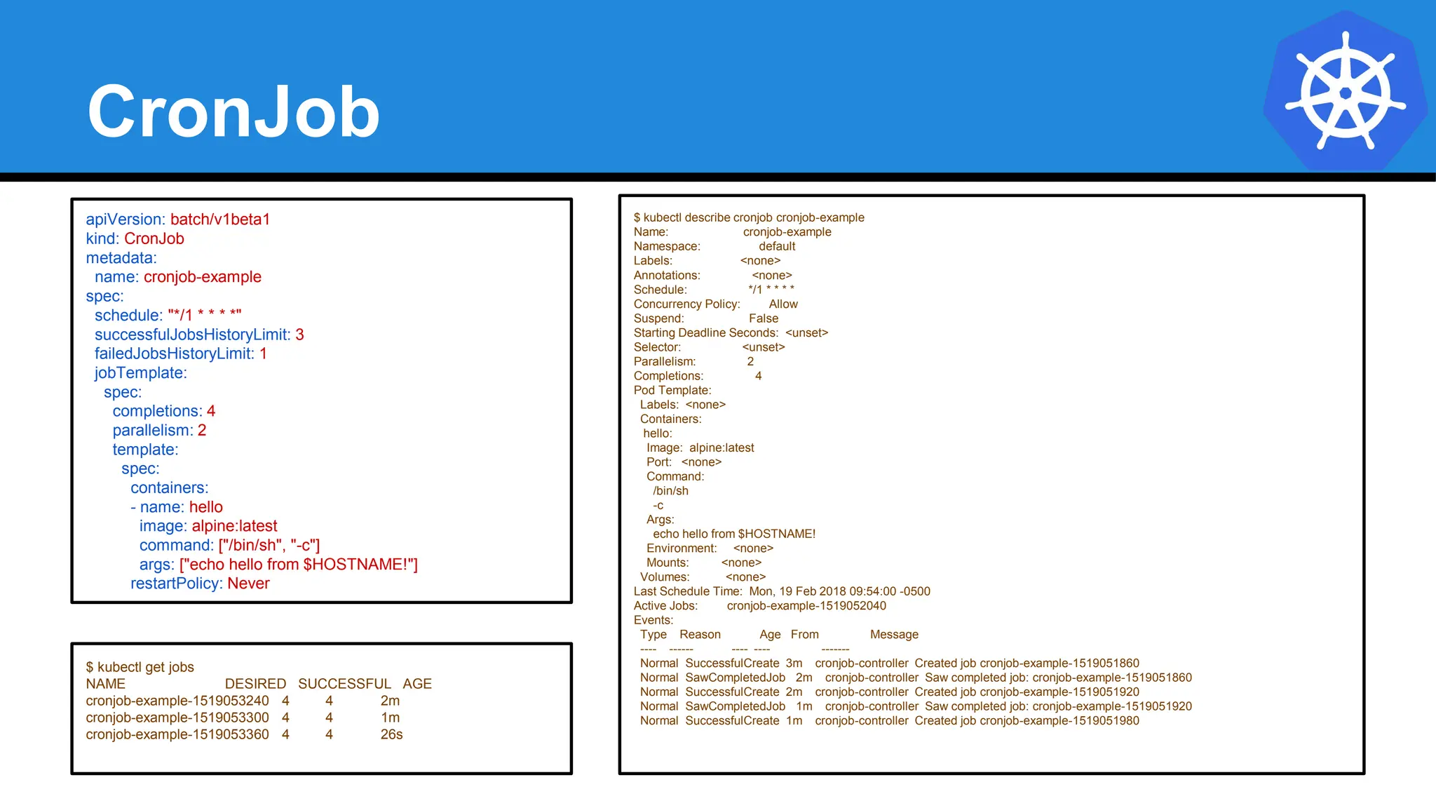 CronJob
$ kubectl describe cronjob cronjob-example
Name: cronjob-example
Namespace: default
Labels: <none>
Annotations: <none>
Schedule: */1 * * * *
Concurrency Policy: Allow
Suspend: False
Starting Deadline Seconds: <unset>
Selector: <unset>
Parallelism: 2
Completions: 4
Pod Template:
Labels: <none>
Containers:
hello:
Image: alpine:latest
Port: <none>
Command:
/bin/sh
-c
Args:
echo hello from $HOSTNAME!
Environment: <none>
Mounts: <none>
Volumes: <none>
Last Schedule Time: Mon, 19 Feb 2018 09:54:00 -0500
Active Jobs: cronjob-example-1519052040
Events:
Type Reason Age From Message
---- ------ ---- ---- -------
Normal SuccessfulCreate 3m cronjob-controller Created job cronjob-example-1519051860
Normal SawCompletedJob 2m cronjob-controller Saw completed job: cronjob-example-1519051860
Normal SuccessfulCreate 2m cronjob-controller Created job cronjob-example-1519051920
Normal SawCompletedJob 1m cronjob-controller Saw completed job: cronjob-example-1519051920
Normal SuccessfulCreate 1m cronjob-controller Created job cronjob-example-1519051980
apiVersion: batch/v1beta1
kind: CronJob
metadata:
name: cronjob-example
spec:
schedule: "*/1 * * * *"
successfulJobsHistoryLimit: 3
failedJobsHistoryLimit: 1
jobTemplate:
spec:
completions: 4
parallelism: 2
template:
spec:
containers:
- name: hello
image: alpine:latest
command: ["/bin/sh", "-c"]
args: ["echo hello from $HOSTNAME!"]
restartPolicy: Never
$ kubectl get jobs
NAME DESIRED SUCCESSFUL AGE
cronjob-example-1519053240 4 4 2m
cronjob-example-1519053300 4 4 1m
cronjob-example-1519053360 4 4 26s
 