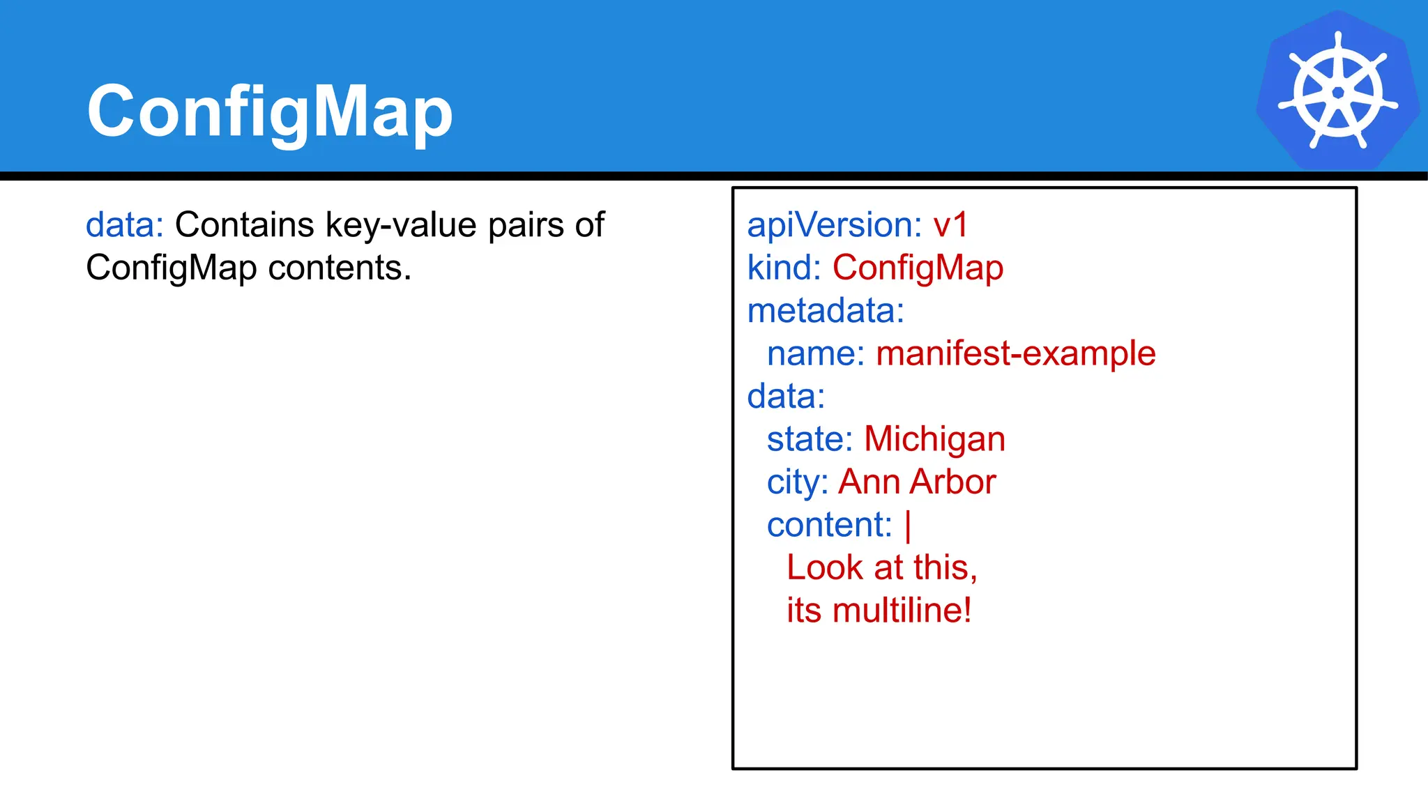 ConfigMap
data: Contains key-value pairs of
ConfigMap contents.
apiVersion: v1
kind: ConfigMap
metadata:
name: manifest-example
data:
state: Michigan
city: Ann Arbor
content: |
Look at this,
its multiline!
 