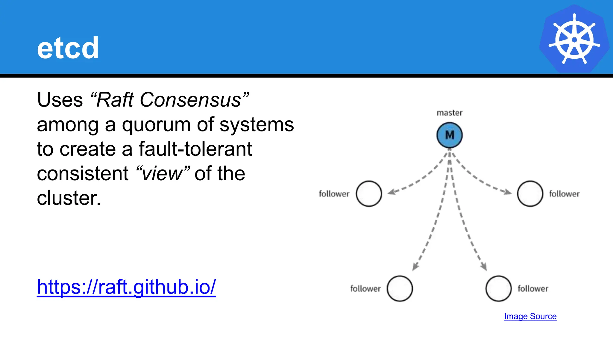 etcd
Uses “Raft Consensus”
among a quorum of systems
to create a fault-tolerant
consistent “view” of the
cluster.
https://raft.github.io/
Image Source
 