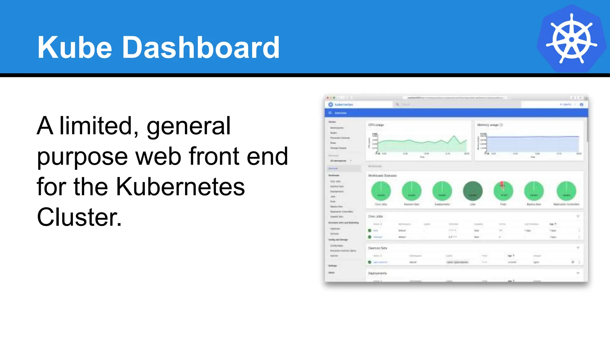 Kube Dashboard
A limited, general
purpose web front end
for the Kubernetes
Cluster.
 