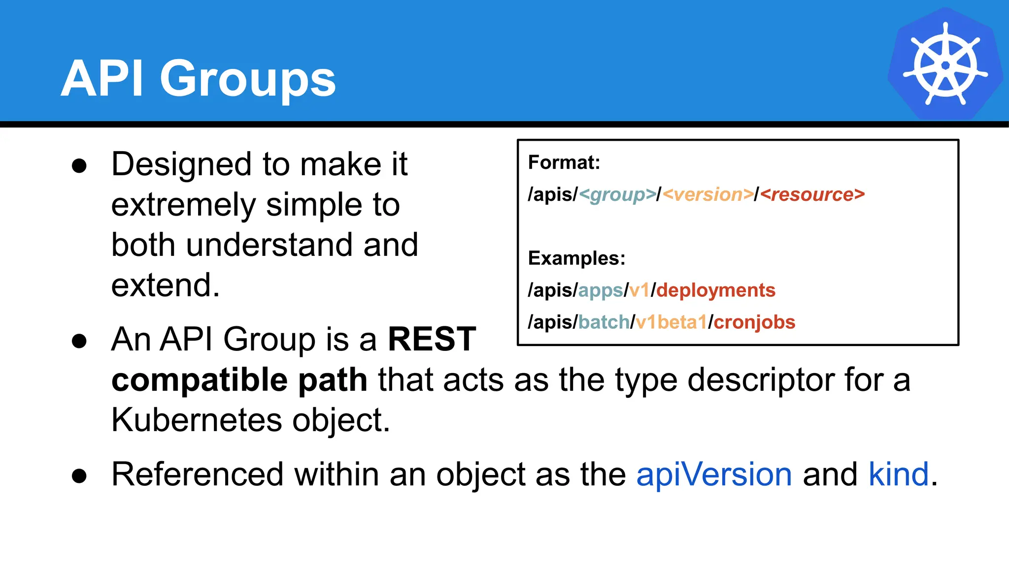 API Groups
● Designed to make it
extremely simple to
both understand and
extend.
● An API Group is a REST
compatible path that acts as the type descriptor for a
Kubernetes object.
● Referenced within an object as the apiVersion and kind.
Format:
/apis/<group>/<version>/<resource>
Examples:
/apis/apps/v1/deployments
/apis/batch/v1beta1/cronjobs
 