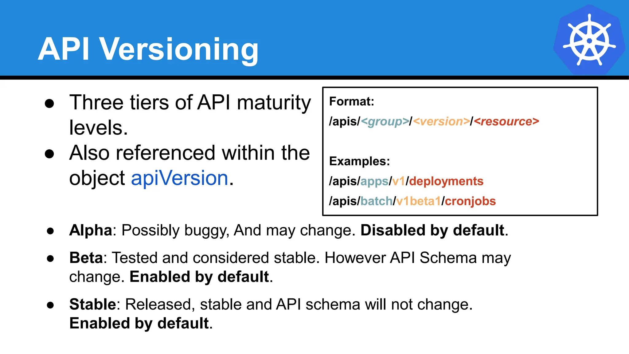 API Versioning
● Three tiers of API maturity
levels.
● Also referenced within the
object apiVersion.
● Alpha: Possibly buggy, And may change. Disabled by default.
● Beta: Tested and considered stable. However API Schema may
change. Enabled by default.
● Stable: Released, stable and API schema will not change.
Enabled by default.
Format:
/apis/<group>/<version>/<resource>
Examples:
/apis/apps/v1/deployments
/apis/batch/v1beta1/cronjobs
 