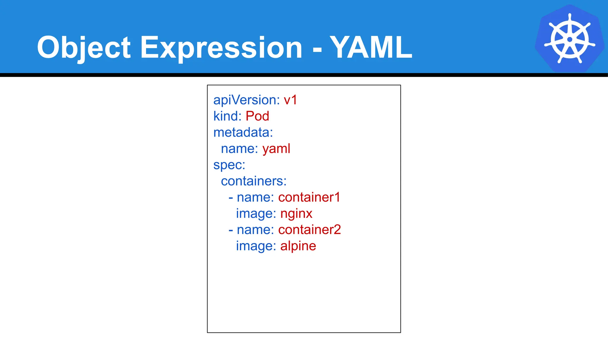 Object Expression - YAML
apiVersion: v1
kind: Pod
metadata:
name: yaml
spec:
containers:
- name: container1
image: nginx
- name: container2
image: alpine
 