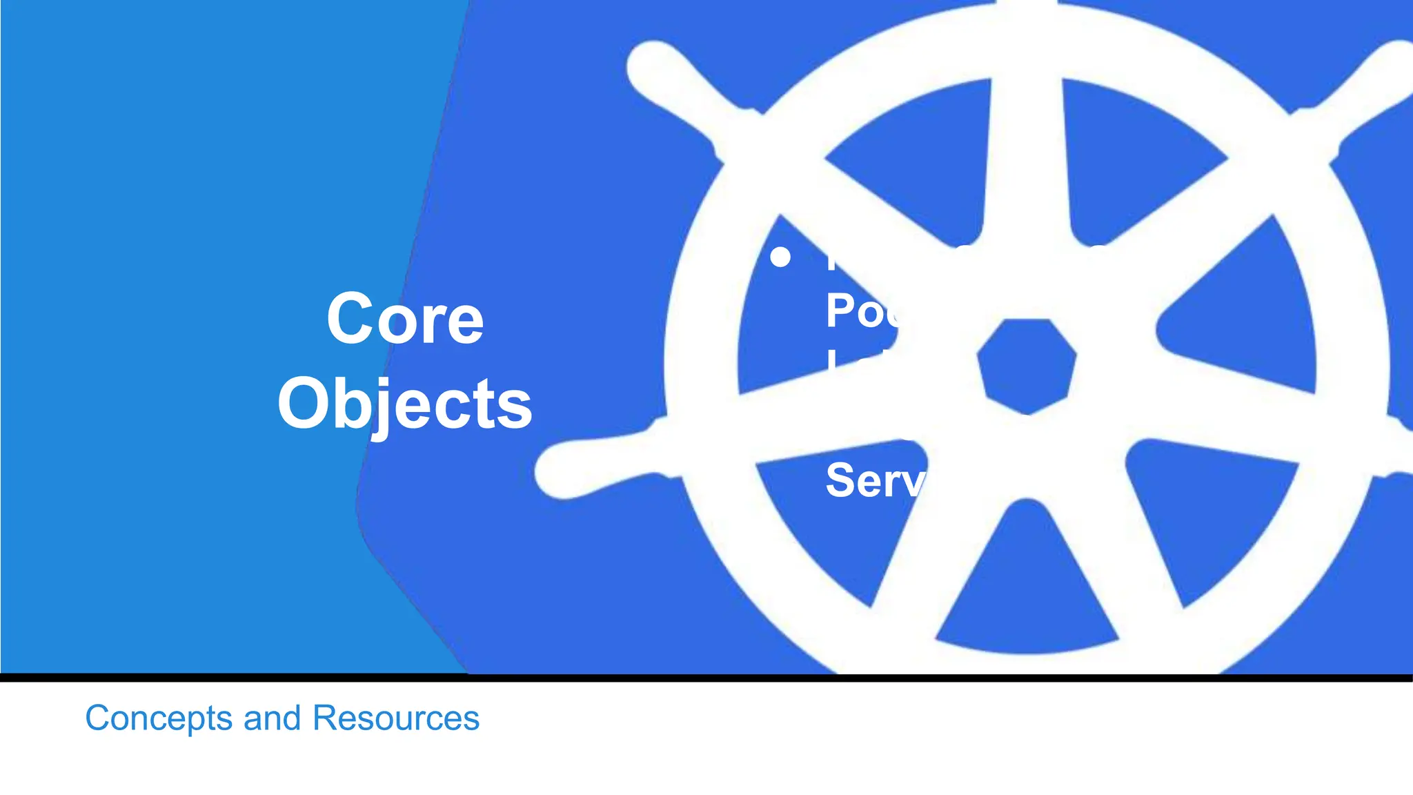 Concepts and Resources
Core
Objects
● Namespaces
Pods
Labels
Selectors
Services
 