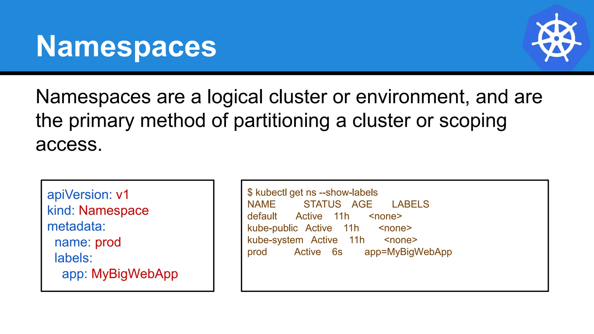 Namespaces
Namespaces are a logical cluster or environment, and are
the primary method of partitioning a cluster or scoping
access.
apiVersion: v1
kind: Namespace
metadata:
name: prod
labels:
app: MyBigWebApp
$ kubectl get ns --show-labels
NAME STATUS AGE LABELS
default Active 11h <none>
kube-public Active 11h <none>
kube-system Active 11h <none>
prod Active 6s app=MyBigWebApp
 