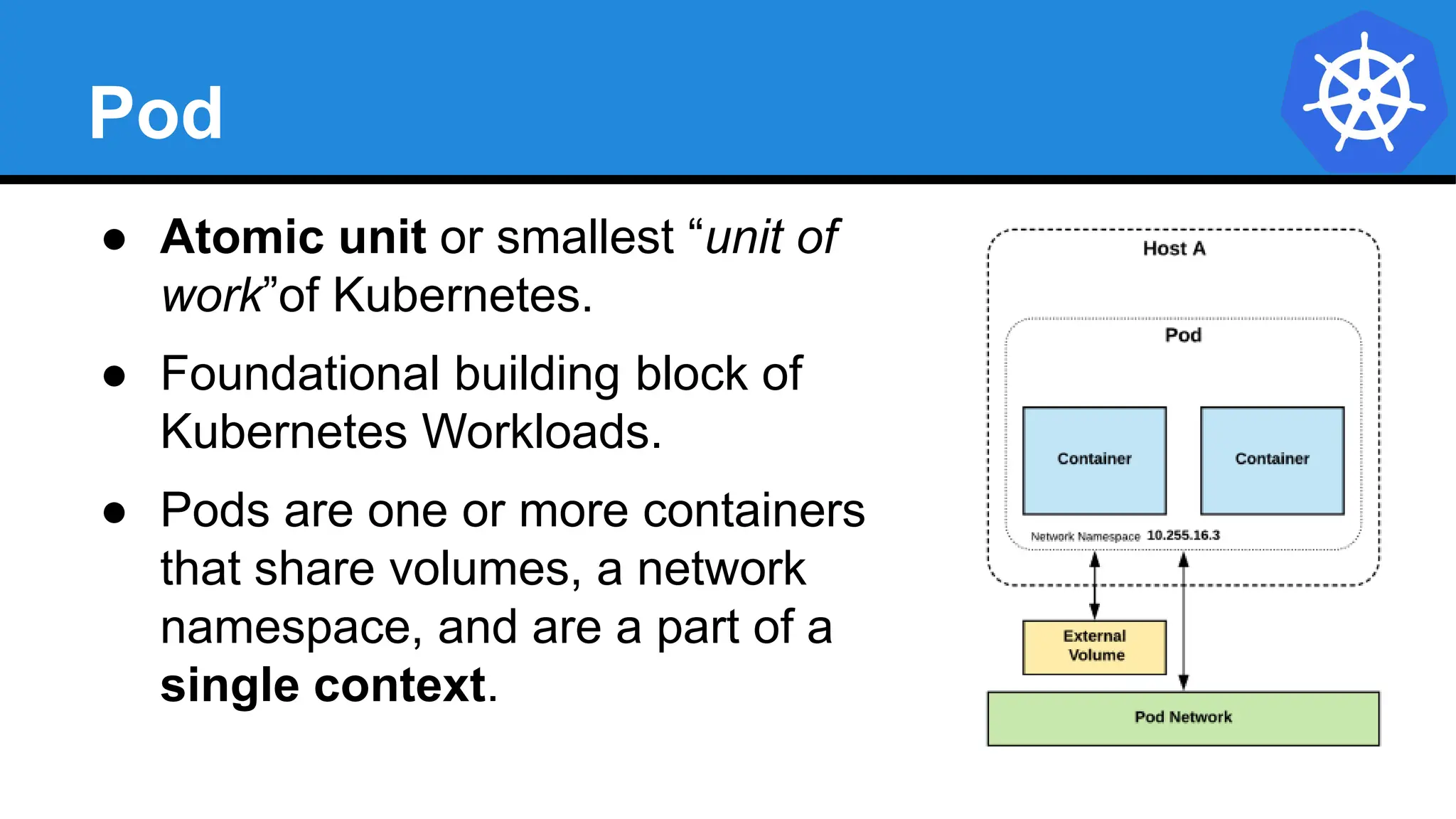 Pod
● Atomic unit or smallest “unit of
work”of Kubernetes.
● Foundational building block of
Kubernetes Workloads.
● Pods are one or more containers
that share volumes, a network
namespace, and are a part of a
single context.
 