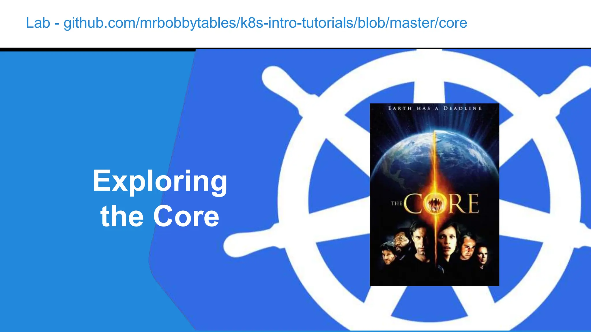 Lab - github.com/mrbobbytables/k8s-intro-tutorials/blob/master/core
Exploring
the Core
 