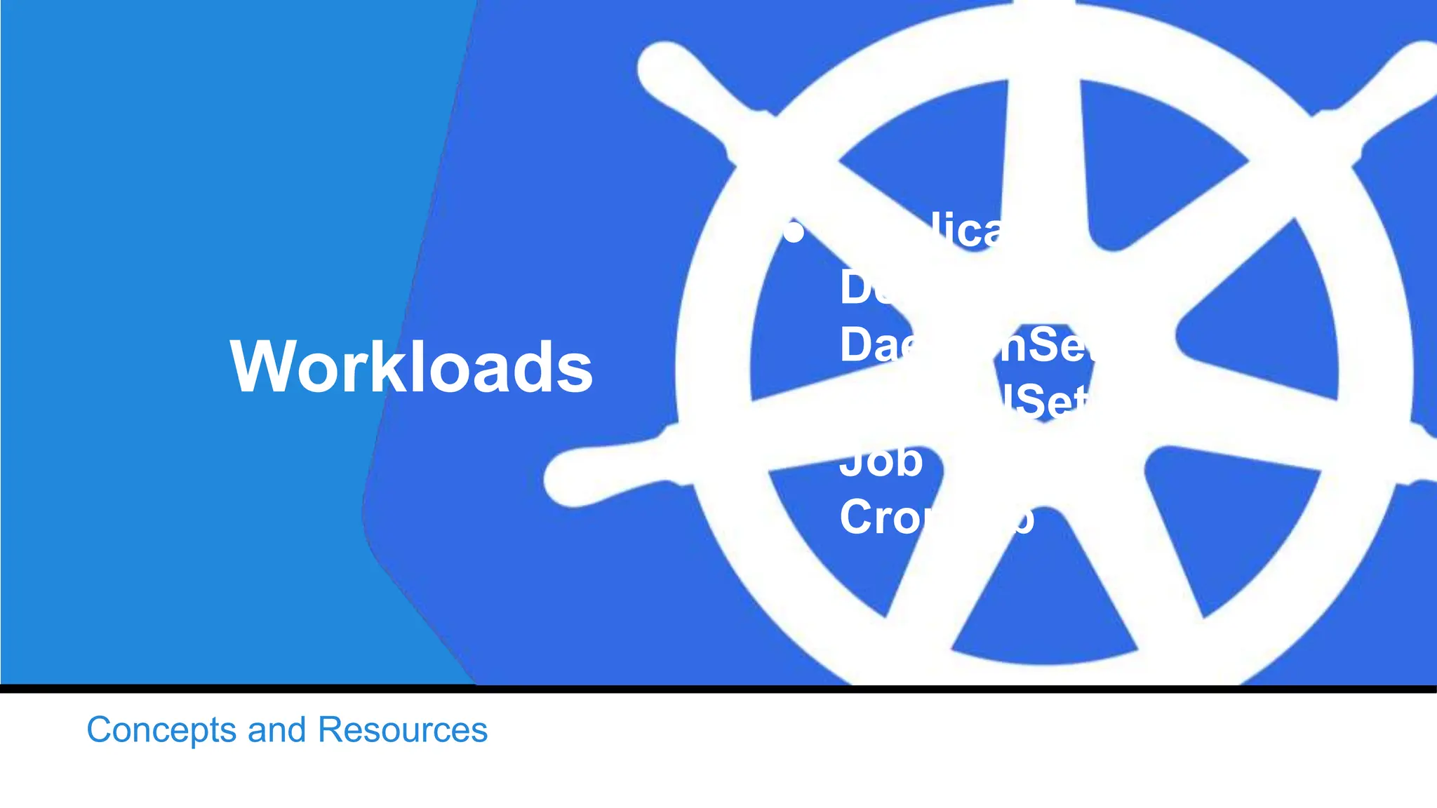 Concepts and Resources
Workloads
● ReplicaSet
Deployment
DaemonSet
StatefulSet
Job
CronJob
 