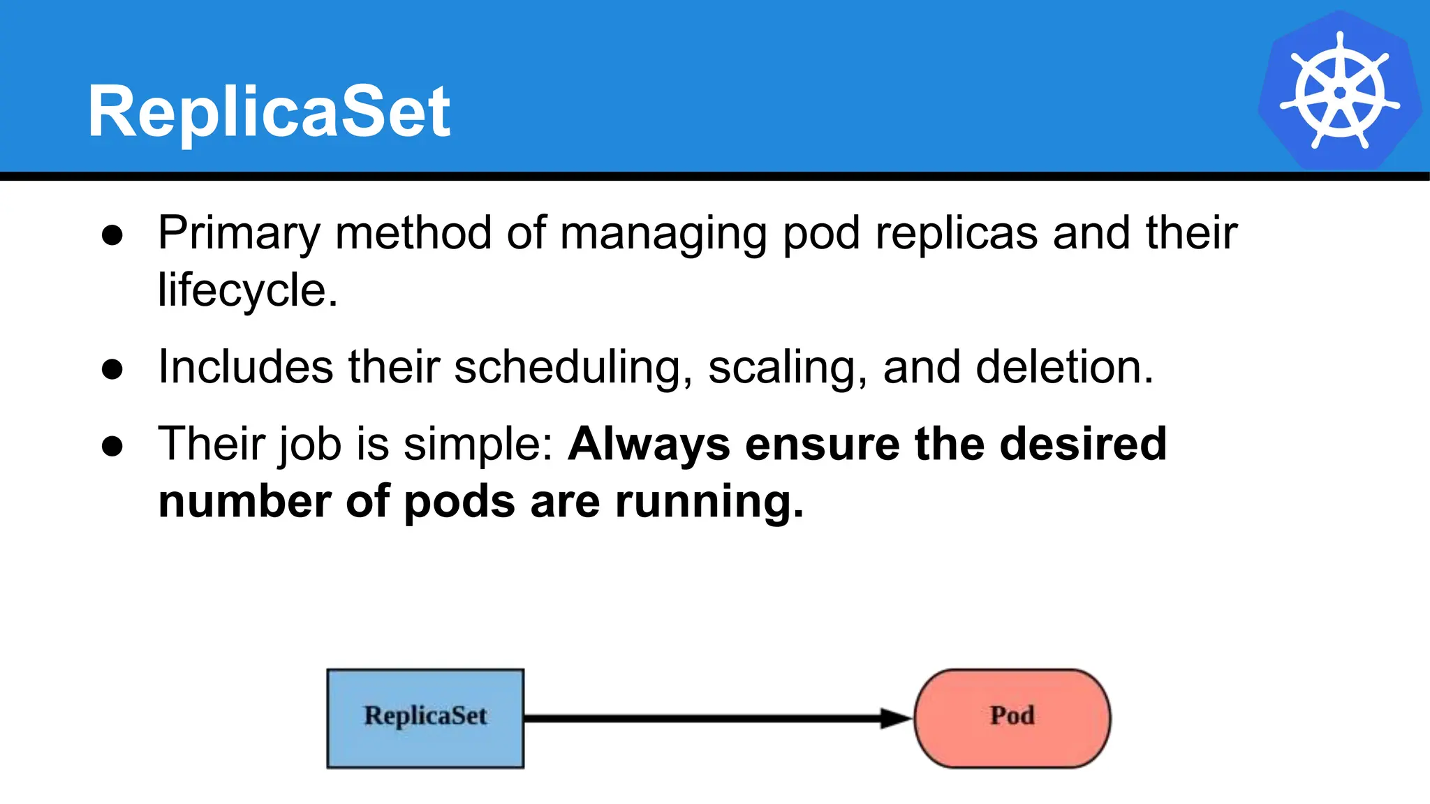 ReplicaSet
● Primary method of managing pod replicas and their
lifecycle.
● Includes their scheduling, scaling, and deletion.
● Their job is simple: Always ensure the desired
number of pods are running.
 