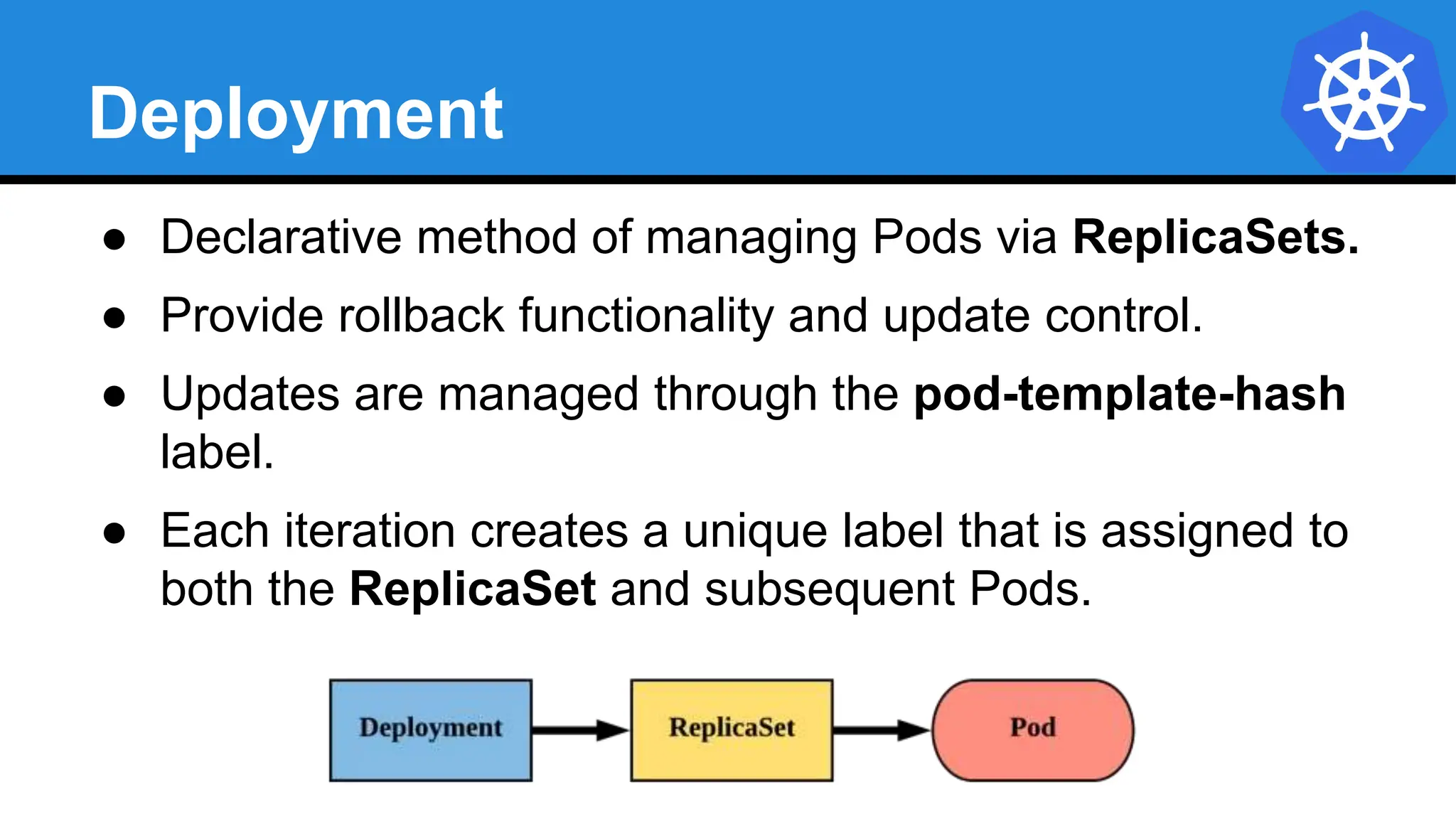 Deployment
● Declarative method of managing Pods via ReplicaSets.
● Provide rollback functionality and update control.
● Updates are managed through the pod-template-hash
label.
● Each iteration creates a unique label that is assigned to
both the ReplicaSet and subsequent Pods.
 