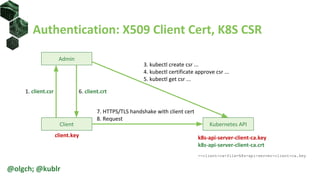Authentication: X509 Client Cert, K8S CSR
Client Kubernetes API
7. HTTPS/TLS handshake with client cert
8. Request
Admin
1. client.csr 6. client.crt
client.key k8s-api-server-client-ca.key
k8s-api-server-client-ca.crt
--client-ca-file=k8s-api-server-client-ca.key
3. kubectl create csr ...
4. kubectl certificate approve csr ...
5. kubectl get csr ...
@olgch; @kublr
 