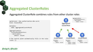 Aggregated ClusterRoles
Aggregated ClusterRole combines rules from other cluster roles
@olgch; @kublr
apiVersion: rbac.authorization.k8s.io/v1
kind: ClusterRole
metadata:
name: aggregatedClusterRole1
aggregationRule:
clusterRoleSelectors:
- matchLabels:
label1: value1
# The control plane automatically fills in the rules
rules: []
Aggregated
ClusterRole
clusterRole1
aggregationRule:
clusterRoleSelectors:
- matchLabels:
label1: value1
metadata:
labels:
label1: value1
clusterRole1
metadata:
labels:
label1: value1
label2: value2
clusterRole1
metadata:
labels:
label2: value2
 