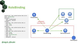 apiVersion: rbac.authorization.k8s.io/v1
kind: RoleBinding
metadata:
name: roleBinding1
namespace: default
roleRef:
apiGroup: rbac.authorization.k8s.io
kind: Role
name: role1
subjects:
- apiGroup: rbac.authorization.k8s.io
kind: User
name: user1
- apiGroup: rbac.authorization.k8s.io
kind: Group
name: group1
- kind: ServiceAccount
name: sa1
namespace: default
RoleBinding
@olgch; @kublr
user1 user2
group
RoleBinding
namespace
resources only
ClusterRole
Role
namespace
ServiceAccount
 