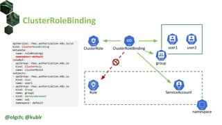 apiVersion: rbac.authorization.k8s.io/v1
kind: ClusterRoleBinding
metadata:
name: roleBinding1
namespace: default
roleRef:
apiGroup: rbac.authorization.k8s.io
kind: ClusterRole
name: clusterRole1
subjects:
- apiGroup: rbac.authorization.k8s.io
kind: User
name: user1
- apiGroup: rbac.authorization.k8s.io
kind: Group
name: group1
- kind: ServiceAccount
name: sa1
namespace: default
ClusterRoleBinding
@olgch; @kublr
user1 user2
group
ClusterRole
Role
namespace
ServiceAccount
ClusterRoleBinding
 