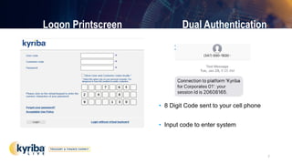 Logon Printscreen Dual Authentication
• 8 Digit Code sent to your cell phone
• Input code to enter system
7
 