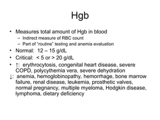 Hgb
• Measures total amount of Hgb in blood
– Indirect measure of RBC count
– Part of “routine” testing and anemia evaluation
• Normal: 12 – 15 g/dL
• Critical: < 5 or > 20 g/dL
• ↑: erythrocytosis, congenital heart disease, severe
COPD, polycythemia vera, severe dehydration
↓: anemia, hemoglobinopathy, hemorrhage, bone marrow
failure, renal disease, leukemia, prosthetic valves,
normal pregnancy, multiple myeloma, Hodgkin disease,
lymphoma, dietary deficiency
 