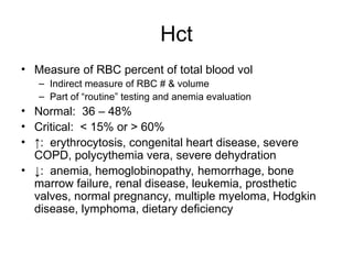 Hct
• Measure of RBC percent of total blood vol
– Indirect measure of RBC # & volume
– Part of “routine” testing and anemia evaluation
• Normal: 36 – 48%
• Critical: < 15% or > 60%
• ↑: erythrocytosis, congenital heart disease, severe
COPD, polycythemia vera, severe dehydration
• ↓: anemia, hemoglobinopathy, hemorrhage, bone
marrow failure, renal disease, leukemia, prosthetic
valves, normal pregnancy, multiple myeloma, Hodgkin
disease, lymphoma, dietary deficiency
 