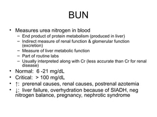 BUN
• Measures urea nitrogen in blood
– End product of protein metabolism (produced in liver)
– Indirect measure of renal function & glomerular function
(excretion)
– Measure of liver metabolic function
– Part of routine labs
– Usually interpreted along with Cr (less accurate than Cr for renal
disease)
• Normal: 6 -21 mg/dL
• Critical: > 100 mg/dL
• ↑: prerenal causes, renal causes, postrenal azotemia
• ↓: liver failure, overhydration because of SIADH, neg
nitrogen balance, pregnancy, nephrotic syndrome
 