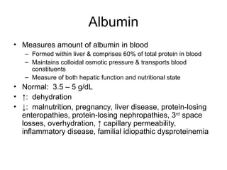 Albumin
• Measures amount of albumin in blood
– Formed within liver & comprises 60% of total protein in blood
– Maintains colloidal osmotic pressure & transports blood
constituents
– Measure of both hepatic function and nutritional state
• Normal: 3.5 – 5 g/dL
• ↑: dehydration
• ↓: malnutrition, pregnancy, liver disease, protein-losing
enteropathies, protein-losing nephropathies, 3rd
space
losses, overhydration, ↑ capillary permeability,
inflammatory disease, familial idiopathic dysproteinemia
 