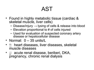AST
• Found in highly metabolic tissue (cardiac &
skeletal muscle, liver cells)
– Disease/injury → lysing of cells & release into blood
– Elevation proportional to # of cells injured
– Used for evaluation of suspected coronary artery
disease or hepatocellular disease
• Normal: 0 – 35 units/L
• ↑: heart diseases, liver diseases, skeletal
muscle diseases
• ↓: acute renal disease, beriberi, DKA,
pregnancy, chronic renal dialysis
 