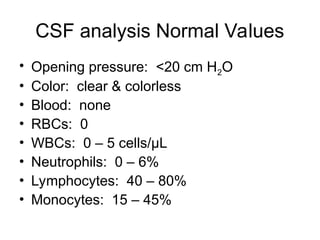 CSF analysis Normal Values
• Opening pressure: <20 cm H2O
• Color: clear & colorless
• Blood: none
• RBCs: 0
• WBCs: 0 – 5 cells/μL
• Neutrophils: 0 – 6%
• Lymphocytes: 40 – 80%
• Monocytes: 15 – 45%
 